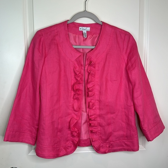 Kim Rogers Linen Jacket Pink Ruffle Trim Cropped Sz S - Picture 3 of 15